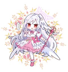  1girl \m/ bare_shoulders blue_archive blush bow bowtie breasts bustier collar commentary_request crescent crescent_hair_ornament deformed detached_collar detached_sleeves dress fake_wings flying_sweatdrops frilled_collar frilled_wrist_cuffs frills full_body hair_ornament halo head_wings highres holding leg_up long_hair looking_at_viewer mage_staff magical_girl mole mole_under_eye multicolored_hair natsu_ya_mugi official_alternate_costume open_mouth pink_bow pink_bowtie pink_halo pink_shoes pink_skirt pink_streaks puffy_detached_sleeves puffy_sleeves red_eyes shoes single_hair_intake single_head_wing skirt solo speech_bubble staff standing standing_on_one_leg strapless streaked_hair suzumi_(blue_archive) suzumi_(magical)_(blue_archive) sweatdrop thigh-highs very_long_hair white_background white_bustier white_hair white_thighhighs white_wrist_cuffs wings wrist_cuffs 
