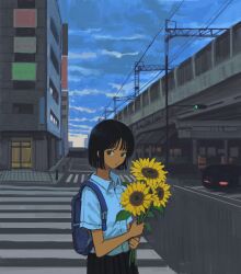  1girl backpack bag black_hair black_skirt blue_sky bob_cut brown_eyes building car clouds collared_shirt commentary crosswalk day flower highres holding holding_flower looking_at_viewer motor_vehicle original outdoors pleated_skirt power_lines realyangtuo road school_uniform shirt short_hair short_sleeves skirt sky slice_of_life solo street sunflower traffic_light utility_pole white_shirt yellow_flower 