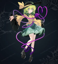  1girl black_boots black_hat boots bow bright_pupils buttons chinese_commentary closed_mouth collared_shirt commentary_request diamond_button disembodied_linked_eye eyeball floral_print frilled_shirt_collar frilled_sleeves frills full_body gguoddl green_eyes green_hair green_skirt hat hat_bow heart heart_of_string highres komeiji_koishi long_sleeves looking_at_viewer print_skirt rose_print shirt skirt smile solo touhou white_pupils wide_sleeves yellow_bow yellow_shirt 