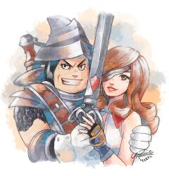  1boy 1girl absurdres adelbert_steiner aquaxtic armor artist_name bare_shoulders beatrix_(ff9) black_gloves brown_eyes brown_hair commentary curly_hair english_commentary eyepatch final_fantasy final_fantasy_ix fingerless_gloves gloves grin helm helmet highres holding holding_sword holding_weapon knight lips long_hair looking_at_viewer parted_lips pauldrons pink_lips plate_armor shoulder_armor shoulder_belt smile sword sword_on_back upper_body vest weapon weapon_on_back white_gloves white_vest 