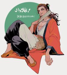  1boy all_wishes_come_true! black_pants blue_trim brown_eyes brown_hair chinese_clothes chinese_commentary chinese_text coat collarbone copyright_name crossed_legs facial_hair folding_fan fukuhuku full_body grey_background hair_bun hair_ornament hair_pulled_back half_updo hand_fan hand_up hanfu highres holding holding_fan invisible_chair jewelry leaf_belt leaf_fan leaf_hair_ornament leaf_ornament long_hair long_sleeves looking_at_viewer male_focus mustache_stubble necklace open_clothes open_coat orange_sash pants parted_lips pectoral_cleavage pectorals red_coat robe sandals sash simple_background single_hair_bun sitting smile solo stubble twitter_username wavy_hair white_background white_hanfu wide_sleeves zhongli_quan_(all_wishes_come_true!) 