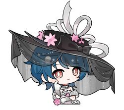  1girl artist_request black_bow black_hat blue_hair blush_stickers bow bright_pupils brown_eyes chibi choker closed_mouth cropped_torso dress dress_flower flower gloves grey_choker grey_dress grey_gloves grey_shawl grey_veil happy hat hat_bow hat_flower hat_ribbon infinity_nikki jewelry large_hat medium_hair necklace nikki_(series) official_art pink_flower ribbon scratching_cheek see-through_clothes see-through_veil shawl smile solo sticker_(medium) strapless strapless_dress striped_clothes striped_dress tareme transparent_background veil veiled_projections_(infinity_nikki) vertical-striped_clothes vertical-striped_dress white_pupils white_ribbon 