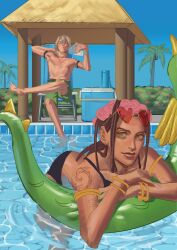  1boy 1girl absurdres armlet black_hair bottle bracelet brother_and_sister bush closed_eyes closed_mouth cooler dark-skinned_female dark_skin dragona_joestar dreadlocks drinking_straw drinking_straw_in_mouth eyewear_on_head flower flower_wreath green_swim_trunks hair_ornament heart heart-shaped_eyewear highres jewelry jodio_joestar jojo_no_kimyou_na_bouken looking_at_viewer male_swimwear natatazzz necklace palm_tree pool shoulder_tattoo siblings sunglasses swim_ring swim_trunks swimsuit tattoo the_jojolands topless_male tree water_bottle white_hair yellow_eyes 
