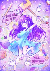  +_+ ... 1girl absurdres arm_up aubrey_(faraway)_(omori) aubrey_(omori) barefoot blue_shirt blush bow bright_pupils bug_bunny_(omori) colored_skin commentary cupcake_bunny_(omori) double-parted_bangs dust_bunny_(omori) english_commentary english_text envelope ghost_bunny_(omori) hair_between_eyes hair_bow heart highres holding holding_stuffed_toy long_hair long_shirt looking_at_viewer love_letter mailbox_(incoming_mail) milkshake_bunny_(omori) mr._plantegg_(omori) omori open_mouth pancake_bunny_(omori) pink_bow purple_hair rabbit sakakien shirt short_sleeves smile solo space_bunny_(omori) speech_bubble spoken_ellipsis spoken_heart stuffed_eggplant stuffed_toy t-shirt violet_eyes white_pupils white_skin 