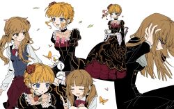  2girls :d aged_down ascot black_choker black_dress black_vest blonde_hair blush bow bowtie braid braided_ponytail brown_hair bug butterfly caterpillar choker clenched_teeth closed_eyes cocoon commentary covering_own_ears cup dress flower frilled_choker frills hair_flower hair_ornament leaf multiple_girls multiple_views open_mouth petals pink_bow pointing pointing_up qing_anxi red_bow red_flower red_rose red_skirt rose shirt skirt smile speech_bubble spoilers sweatdrop teacup tears teeth twintails umineko_no_naku_koro_ni ushiromiya_beatrice ushiromiya_rosa_(young) vest white_ascot white_shirt yellow_butterfly 