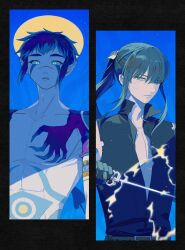  2boys abs absurdres alma_karma an-ko_(ankoankoazuki) belt black_border black_gloves black_shirt blue_eyes blue_hair blue_sky body_markings bodypaint border brown_belt bruise bruise_on_face collarbone collared_shirt colored_eyebrows d.gray-man demon_tail eyelashes facepaint gloves hair_between_eyes hair_ribbon high_collar high_ponytail highres holding holding_sword holding_weapon injury kanda_yuu katana lightning long_hair looking_at_viewer male_focus moon multiple_boys night parted_bangs parted_lips partially_unbuttoned pointy_ears ponytail ribbon scar scar_on_face scar_on_nose shirt short_hair sidelocks single_glove sky sleeveless sleeveless_shirt split_theme star_(sky) sword tail toned toned_male topless_male torn_clothes torn_shirt unbuttoned unbuttoned_shirt upper_body weapon white_ribbon 