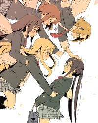  5girls :d akiyama_mio angel_wings artist_name bag black_hair blazer blonde_hair blue_bag blue_jacket brown_hair collared_shirt commentary feathered_wings flower grey_skirt hand_on_another's_arm hand_on_another's_head headpat highres hirasawa_yui ho-kago_tea_time holding holding_bag holding_flower jacket k-on! kotobuki_tsumugi long_hair looking_at_another multiple_girls nakano_azusa necktie pleated_skirt polo_tokki red_necktie sakuragaoka_high_school_uniform school_bag school_uniform shirt short_hair sidelocks signature simple_background skirt smile tainaka_ritsu tearing_up twintails white_background white_shirt white_wings wings 