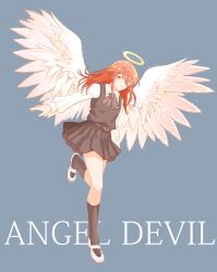  1boy absurdres angel angel_devil_(chainsaw_man) angel_wings belt black_belt black_bow black_bowtie black_dress black_socks blue_background bow bowtie chainsaw_man character_name check_commentary collared_shirt commentary_request crossdressing crossdressing_(mtf) dated dress feathered_wings fourth_east_high_school_uniform halo highres kneehighs long_hair long_sleeves looking_at_viewer machimori7192 male_focus mixed-language_commentary pinafore_dress pleated_dress red_eyes red_hair school_uniform shirt shoes short_dress simple_background sleeveless sleeveless_dress socks solo trap uwabaki white_shirt white_shoes white_sleeves white_wings wings 