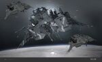  3d caldari_state_(eve_online) commentary concept_art cruiser eve_online glowing grey_sky grey_theme highres landscape logo machinery military military_vehicle no_humans outdoors planet realistic science_fiction ship sobaku-chiuchiu space spacecraft thrusters warship watercraft 