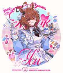  1girl :d agnes_tachyon_(umamusume) ahoge animal_ears apron aqua_background armband black_necktie blue_dress brown_hair cherry commentary_request cross_hair_ornament cup cupcake dress enmaided food fruit gradient_background grin guinea_pig hair_between_eyes hair_ornament hat holding holding_syringe holding_tray horse_ears horse_girl horse_tail huge_ahoge long_sleeves looking_at_viewer maid medium_hair necktie nurse_cap pill pill_hair_ornament pink_background red_eyes short_necktie smile solo syringe tail teacup test_tube test_tube_rack translation_request tray umamusume welchino white_apron 