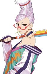  1girl ayase_seiko bare_shoulders baseball_bat beehive_hairdo breasts brown_eyes cigarette collared_jacket criss-cross_halter dandadan earrings glasses halterneck highres holding holding_baseball_bat hoop_earrings jacket jewelry long_sleeves looking_at_viewer looking_to_the_side mature_female metal_baseball_bat multicolored_jacket official_art rectangular_eyewear red-framed_eyewear semi-rimless_eyewear simple_background striped_clothes striped_jacket swept_bangs tatsu_yukinobu third-party_source upper_body white_background white_hair 