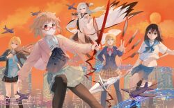  5girls azur_lane black_gloves black_jacket black_pantyhose black_skirt black_thighhighs blonde_hair blood_sword blue_eyes blue_sailor_collar blue_skirt breasts brown_cardigan brown_eyes brown_hair cardigan cityscape closed_mouth clouds commentary crossover deadman70232800 english_commentary feet_out_of_frame floating_hair flute full_body glasses gloves grey_skirt hand_on_own_hip hemokinesis highres himeragi_yukina holding holding_flute holding_instrument holding_sword holding_violin holding_weapon instrument jacket japanese_clothes kimono kuriyama_mirai kyoukai_no_kanata large_breasts long_hair long_sleeves looking_at_viewer medium_hair midair miniskirt miyazono_kawori multiple_crossover multiple_girls nakiri_erina navel one_side_up open_cardigan open_clothes open_mouth orange_sky outdoors pantyhose partially_fingerless_gloves plaid_clothes plaid_skirt playing_instrument playing_violin pleated_skirt red-framed_eyewear sailor_collar school_uniform serafuku sheet_music shigatsu_wa_kimi_no_uso shokugeki_no_souma shoukaku_(azur_lane) skirt sky smile standing stomach strike_the_blood sun sunset sword taneda_risa thigh-highs very_long_hair violet_eyes violin voice_actor_connection weapon white_hair white_kimono white_thighhighs wide_sleeves zettai_ryouiki 