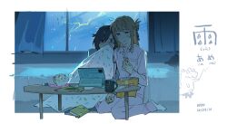  absurdres artist_name bddd777 bed blanket blue_eyes blue_hair blue_pajamas book border braid brown_hair chips_(food) commentary_request cup curtains dated eating food full_body half_up_braid highres holding holding_blanket holding_hands ipad kneeling lightning long_hair long_sleeves looking_at_viewer night outside_border pajamas pink_pajamas potato_chips rain scared shuuniichido_classmate_wo_kau_hanashi socks storm table tablet_pc tearing_up thunder translation_request violet_eyes white_border window 