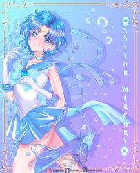  1girl birthday bishoujo_senshi_sailor_moon blue_background blue_boots blue_choker blue_eyes blue_hair blue_sailor_collar blue_skirt boots bubble character_name choker collarbone earrings erni_1232 gloves gradient_background happy_birthday highres instagram_logo instagram_username jewelry looking_at_viewer magical_girl mizuno_ami pleated_skirt purple_background sailor_collar sailor_mercury sailor_senshi_uniform shirt short_hair signature skirt solo tiara tiktok_logo tiktok_username twitter_username twitter_x_logo upper_body water white_shirt 