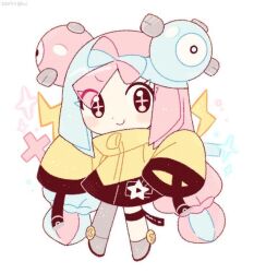  1girl artist_name blue_hair blush bow-shaped_hair character_hair_ornament dated electricity fake_hair_bun hair_ornament iono_(pokemon) jacket minus_sign multicolored_hair non-web_source oversized_clothes oxo_xwo pink_hair plus_sign pokemon pokemon_scarlet_and_violet single_leg_pantyhose sleeves_past_fingers sleeves_past_wrists solo split-color_hair two-tone_hair yellow_jacket 