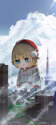  1girl absurdres advarcher beret blonde_hair blue_eyes building chibi city clouds commentary giant giantess grey_jacket grey_skirt hair_ornament hat highres indie_virtual_youtuber jacket long_sleeves pinstripe_pattern pinstripe_skirt pom_pom_(clothes) pom_pom_hair_ornament power_lines red_hat scenery shigure_ui_(1st_costume)_(vtuber) shigure_ui_(vtuber) short_hair simple_bird skirt skyscraper sleeves_past_wrists solo striped_clothes striped_jacket striped_skirt tokyo_tower uidaga_(shigure_ui) utility_pole vertical-striped_clothes vertical-striped_jacket vertical-striped_skirt virtual_youtuber 