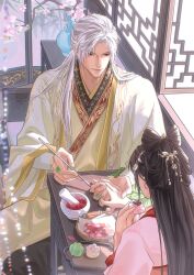  1boy 1girl absurdres aegyo_sal alternate_hair_length_(longer) alternate_hairstyle applying_manicure bow-shaped_hair brown_hair chinese_clothes chinese_commentary closed_mouth commentary_request couple dress eating facing_another from_behind hair_ears hair_ornament hanfu hetero highres jewelry long_hair long_sleeves looking_at_another love_and_deepspace nose official_alternate_costume parted_bangs protagonist_(love_and_deepspace) qipao qixiong_ruqun red_eyes robe shawl sitting smile sylus_(love_and_deepspace) sylus_(shared_lanterns)_(love_and_deepspace) very_long_hair white_hair wide_sleeves yellow_hanfu yellow_robe yuntouxie zhishuo418 
