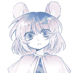  1girl animal_ears capelet chinese_commentary closed_mouth commentary_request eyes_visible_through_hair looking_at_viewer medium_hair monochrome mouse_ears mouse_girl nazrin solo touhou upper_body vest y_h 
