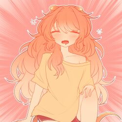 1girl bonnibelle bonnibelle_amai closed_eyes commentary drooling english_commentary fang gradient_hair hand_on_own_knee highres indie_virtual_youtuber light_blush long_hair mouth_drool multicolored_hair off_shoulder open_mouth orange_hair pink_background sleepy stingray_girl stingray_tail teeth upper_teeth_only virtual_youtuber 