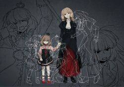  angry black_eyes blunt_bangs brown_hair commentary_request crown crown_hair_ornament crying depressed dress empty_eyes full_body gloom_(expression) gothicic hair_ornament highres hime_cut holding_hands kneehighs long_hair long_sleeves maria_(umineko) mother_and_child mother_and_daughter multiple_girls multiple_views open_mouth outline parent_and_child red_dress red_ribbon red_shoes ribbon shoes socks staring umineko_no_naku_koro_ni ushiromiya_maria ushiromiya_rosa white_socks 