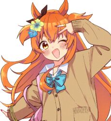  1girl :d animal_ears bag blue_bow blush bow bracelet brown_cardigan brown_ribbon cardigan check_commentary collared_shirt commentary_request ear_ribbon flower gyaru hair_between_eyes hair_flower hair_ornament horse_ears horse_girl jewelry long_hair long_sleeves looking_at_viewer lowres mayano_top_gun_(umamusume) official_alternate_costume one_eye_closed open_mouth orange_eyes orange_hair pink_bag poyochi ribbon shirt shirt_under_sweater simple_background smile solo two_side_up umamusume upper_body v white_background white_shirt 