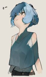  1girl animal_ears blue_hair commentary_request goat_ears goat_girl goat_horns hair_between_eyes horns looking_up lucia_elowen pointy_ears short_hair simple_background smile solo user_awxk4588 yellow_eyes zenless_zone_zero 