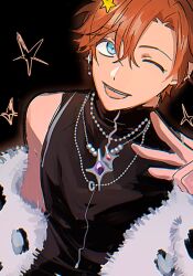  1boy akehoshi_subaru bead_necklace beads black_background black_shirt blue_eyes commentary ensemble_stars! fur_jacket hair_between_eyes hair_ornament highres jacket jewelry male_focus multiple_necklaces necklace official_alternate_costume one_eye_closed open_clothes open_jacket orange_hair parted_bangs ring ring_necklace shirt short_hair simple_background sleeveless sleeveless_shirt smile solo star_(symbol) star_hair_ornament teeth tongue tongue_out untranslatable_commentary upper_body upper_teeth_only white_jacket yam_i_na_be 
