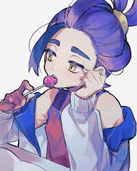  1boy bare_shoulders candy collarbone commentary food food_in_mouth gloves hand_on_own_face highres holding holding_candy holding_food holding_lollipop jacket kieran_(pokemon) licking lollipop lollipop_in_mouth long_sleeves looking_afar male_focus multicolored_hair nekojiri open_mouth pokemon pokemon_(creature) pokemon_scarlet_and_violet purple_hair red_tank_top single_glove sitting solo tank_top tongue tongue_out upper_body white_background yellow_eyes 