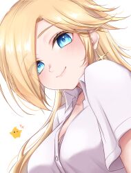  1girl alternate_costume blonde_hair blue_eyes blush breasts closed_mouth commentary earrings highres jewelry large_breasts long_hair looking_at_viewer luma_(mario) rosalina shirt short_sleeves smile solo star_(symbol) star_earrings super_mario_bros. tomatomiya untranslatable_commentary upper_body white_background white_shirt 