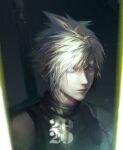  1boy armor blonde_hair blue_hair buster_sword cloud_strife dated final_fantasy final_fantasy_vii final_fantasy_vii_remake hair_between_eyes highres looking_at_viewer male_focus riio shaded_face short_hair shoulder_armor sleeveless sleeveless_turtleneck solo spiky_hair suspenders turtleneck upper_body weapon weapon_on_back 