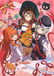  3girls absurdres black_hat brown_hair bucket_of_chicken burger carbuncle_(reverse:1999) character_name chinese_commentary commentary_request egg_tart fast_food food fork french_fries green_eyes green_hat grey_eyes grey_hair hat highres kakania_(reverse:1999) kfc knife long_hair looking_at_viewer multiple_girls orange_hair pingfan_de_mao reverse:1999 round_eyewear short_hair sonetto_(reverse:1999) vertin_(reverse:1999) 