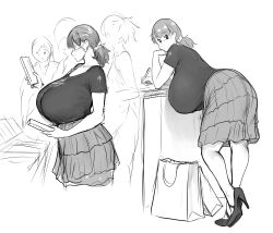  1girl bag bra bra_visible_through_clothes breasts commentary ear_piercing english_commentary erkaz full_body gigantic_breasts hair_tie high_heels highres holding leaning_forward looking_at_viewer looking_back mask medium_hair mouth_mask multiple_persona multiple_views original pencil piercing ponytail rina_atherina shirt shoes sideboob skirt surgical_mask table underwear writing 