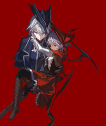  2girls alternate_costume bat_wings black_pantyhose blue_hat blue_jacket bonnet boots braid brown_boots brown_gloves brown_vest capelet carrying carrying_person chinese_commentary closed_mouth commentary_request feathers gloves grey_hair hair_between_eyes hat hat_feather highres izayoi_sakuya jacket knee_boots kumatangent lace-up_boots multiple_girls open_mouth pantyhose princess_carry purple_hair red_background red_bonnet red_capelet red_feathers red_skirt remilia_scarlet simple_background skirt smile touhou twin_braids vest wings yuri 