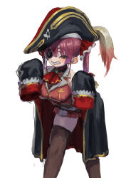  1girl ascot bare_shoulders bicorne black_coat breasts coat commentary_request grin hair_ribbon hands_up hat highres hololive houshou_marine houshou_marine_(1st_costume) jacket jonpei leaning_forward leotard leotard_under_clothes long_hair long_sleeves looking_at_viewer pirate_hat pleated_skirt red_ascot red_eyes red_hair red_ribbon red_skirt ribbon simple_background sketch skirt sleeveless sleeves_past_fingers sleeves_past_wrists smile solo thigh-highs twintails virtual_youtuber white_background zettai_ryouiki 