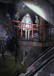  5girls abandoned barefoot ceiling commentary_request dark escalator exit_sign feet flashlight floating fox_mask highres indoors japanese_clothes kimono kuthi0510 levitation light_particles long_hair mall mask medium_hair multiple_girls original pillar railing sleeves_past_fingers sleeves_past_wrists twintails white_hair white_kimono 