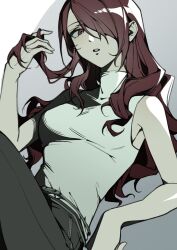  1girl arm_at_side arm_up black_pants commentary from_below gou_gou hair_over_one_eye hand_in_own_hair hand_up head_tilt highres kirijou_mitsuru leaning_back long_hair looking_down pants parted_lips persona persona_3 red_eyes red_hair shirt side_part sitting sleeveless sleeveless_turtleneck turtleneck upper_body zipper 
