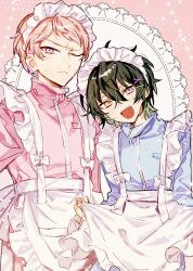  amanemio2 apron blue_eyes closed_mouth commentary ensemble_stars! hair_between_eyes hair_ornament hairclip heterochromia holding itsuki_shu jersey_maid kagehira_mika looking_at_viewer maid maid_headdress multiple_hairclips nervous_sweating one_eye_closed open_mouth pink_hair short_bangs short_hair smile sweat teeth unconventional_maid upper_teeth_only valkyrie_(ensemble_stars!) violet_eyes white_apron yellow_eyes 