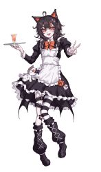  :d absurdres ahoge alternate_costume animal_ear_headphones animal_ears apron asymmetrical_legwear bandaid bandaid_on_leg bat_wings black_dress black_hair black_shoes black_socks bow bowtie cat_ear_headphones cat_ears commentary dress eyeball_hair_ornament fake_animal_ears frilled_apron frilled_dress frills full_body headphones highres holding holding_tray leg_belt looking_at_viewer loose_socks mahou_shoujo_no_majo_saiban multicolored_hair open_mouth orange_bow orange_bowtie orange_eyes orange_streaks pantyhose petra_(jgc845601) sawatari_coco sharp_teeth shoes short_hair simple_background single_leg_pantyhose smile socks streaked_hair striped_clothes striped_pantyhose teeth tray untranslatable_commentary upper_teeth_only v white_apron white_background wings 