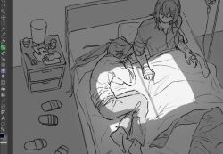  2boys barefoot commentary full-stop_office_(identity)_(project_moon) greyscale heathcliff_(project_moon) high_ponytail hong_lu_(project_moon) indoors intravenous_drip lamp limbus_company long_hair low_ponytail male_focus may_(a_mango_tree) monochrome multiple_boys nightstand pants pillow ponytail project_moon scissors shirt slippers untranslatable_commentary 