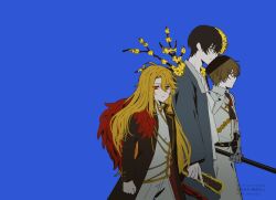  1girl 2boys 320_ramensuki ascot bad_end bags_under_eyes black_ascot black_coat black_hair blonde_hair blue_background brown_hair coat coat_on_shoulders commentary_request cowboy_shot don_quixote_(project_moon) feather_boa frown gauntlets gold_trim grey_hanbok hanbok hand_fan holding holding_fan holding_polearm holding_weapon korean_clothes la_manchaland_(identity)_(project_moon) limbus_company long_hair multiple_boys n_corp._fanatic_(identity)_(project_moon) orange_eyes pants polearm project_moon red_eyes shirt short_hair simple_background sinclair_(project_moon) technology_liberation_alliance_(identity)_(project_moon) trait_connection watermark wax_seal weapon white_pants white_shirt yellow_eyes yi_sang_(project_moon) 