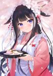  1girl animal_ears apron bangs bell black_hair blue_eyes blunt_bangs blurry breasts cherry_blossoms closed_mouth clouds depth_of_field floppy_ears food frilled_apron frills hair_ornament highres holding japanese_clothes jingle_bell kanzashi kimono long_hair long_sleeves looking_at_viewer maid_apron maid_headdress medium_breasts nanotaro original petals pink_kimono rabbit_ears smile solo tray upper_body very_long_hair wa_maid wagashi wide_sleeves 