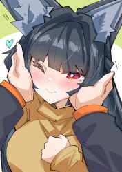  1girl ;) alternate_costume animal_ears black_hair breasts commentary_request fox_ears fox_girl green_background heart hoshimi_miyabi large_breasts long_hair nodachi_(nodati51) one_eye_closed orange_sweater red_eyes smile solo_focus sweater two-tone_background white_background wise_(zenless_zone_zero) zenless_zone_zero 