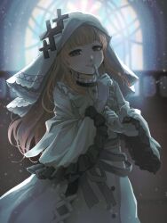  1girl alco_pp bib_collar blonde_hair commentary_request cowboy_shot cross cross_earrings cross_ornament dress earrings finger_to_mouth frilled_dress frilled_sleeves frills gloves grey_eyes highres hikami_meruru jewelry layered_dress long_hair long_sleeves looking_at_viewer mahou_shoujo_no_majo_saiban priestess shushing solo stained_glass veil white_dress white_gloves white_veil wide_sleeves 