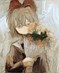  1girl :| absurdres animal baby_animal black_cat black_jacket bouquet bow brown_eyes cat ciel_(paradis47) closed_mouth commentary crossed_bangs dated_commentary expressionless faux_traditional_media film_grain grey_hair hair_between_eyes hair_bow hand_up highres holding holding_bouquet impasto jacket kitten large_bow long_sleeves looking_at_viewer no_nose original painterly short_hair signature solo untranslatable_commentary upper_body 