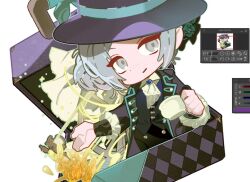  1girl ascot black_coat chibi chibi_only coat commentary_request grey_eyes grey_hair hair_bun hat korean_commentary long_sleeves looking_at_viewer pankepen reverse:1999 shirt single_side_bun smile vertin_(reverse:1999) vest waistcoat white_ascot 