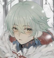  1boy ahoge alyosha_(genshin_impact) bare_tree black_shirt blue_jacket blush branch cape chronosanctuary commentary_request earmuffs eyelashes forest freckles fur-trimmed_cape fur_trim genshin_impact green_hair hair_between_eyes highres hood hooded_cape jacket male_focus nature open_mouth outdoors shirt short_hair sky snow snowing solo tongue tree turtleneck turtleneck_shirt white_cape white_sky winter 