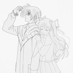  aizawa_yuuichi arm_at_side arm_hug arm_up bell closed_eyes closed_mouth coat collared_shirt commentary_request cowboy_shot expressionless from_side hair_ribbon highres hug hug_from_behind ivi-x jacket jingle_bell kanon light_blush long_hair long_ribbon long_sleeves looking_at_object miniskirt monochrome open_clothes open_jacket pleated_skirt profile red_ribbon ribbon sawatari_makoto shirt short_hair simple_background skirt smile spiky_hair split_mouth turtleneck turtleneck_shirt two_side_up very_long_hair white_background wrist_bell 