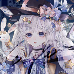  1girl aegyo_sal animal_ears black_choker black_cloak black_hat blue_bow blue_bowtie blue_eyes blue_flower blue_nails bow bowtie braid candy cape chinese_commentary choker cloak collared_cloak commentary_request commission contrast_lapels cross cross_choker expressionless eyelashes floating_card flower food fur_cape gezimu_jiamu hair_ornament hairclip hand_in_own_hair hat hat_bow hat_flower highres lace-trimmed_shirt lace_trim lapels light_blush light_frown lipstick lollipop lollipop_hair_ornament long_hair long_sidelocks long_sleeves looking_at_viewer makeup nail_polish night nostrils notched_lapels original outdoors parted_lips pink_bow pink_flower puffy_long_sleeves puffy_sleeves purple_bow rabbit_ears rabbit_girl red_lips sample_watermark shirt side_braids sidelocks sky sleeve_bow solo star_(sky) star_(symbol) star_hair_ornament starry_sky striped_bow striped_bowtie striped_clothes stuffed_animal stuffed_rabbit stuffed_toy swirl_lollipop teeth too_many_watermarks twin_braids two-tone_bow upper_body very_long_hair watermark weibo_watermark white_cape white_hair white_shirt 