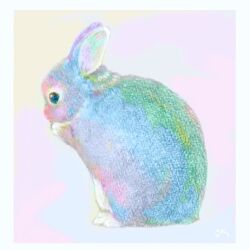  animal animal_focus arms_up black_eyes border colored_pencil_(medium) commentary_request from_side no_humans original pastel_colors rabbit sitting taiga_ichigo traditional_media white_border 