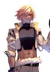 1boy abs asymmetrical_sleeves belly belt blonde_hair commentary_request gloves green_eyes hair_over_one_eye highres jacket kokollet long_sleeves male_focus navel open_clothes open_jacket original short_hair solo toned uneven_sleeves unfinished upper_body white_jacket 